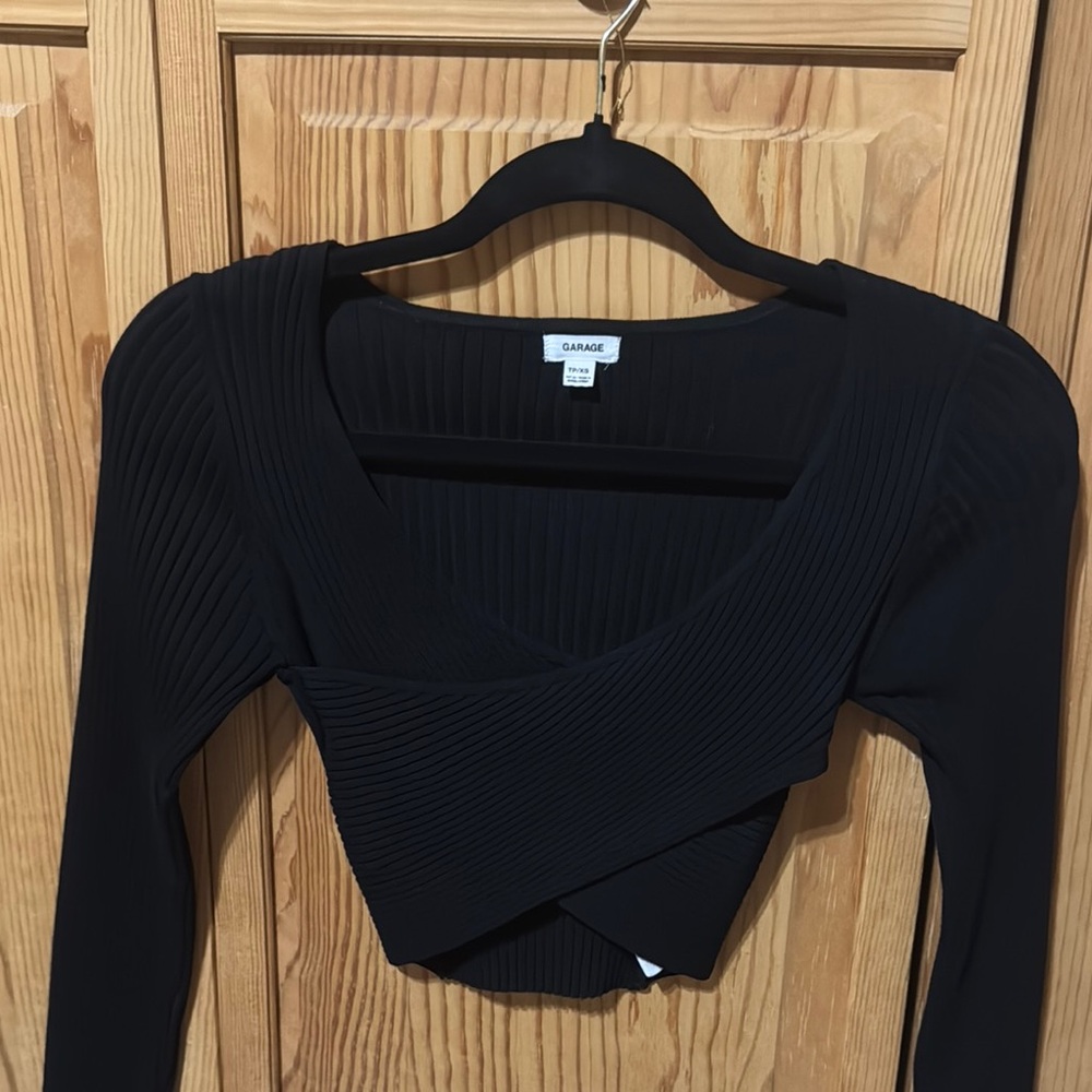 Garage Black Ribbed Cross Over Women's Top